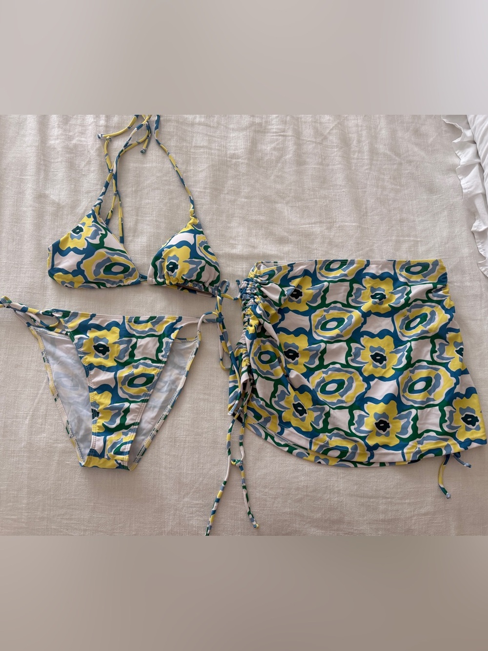 Floral Triangle Bikini Set with Ruched Skirt - Yellow, Green & Blue- Large